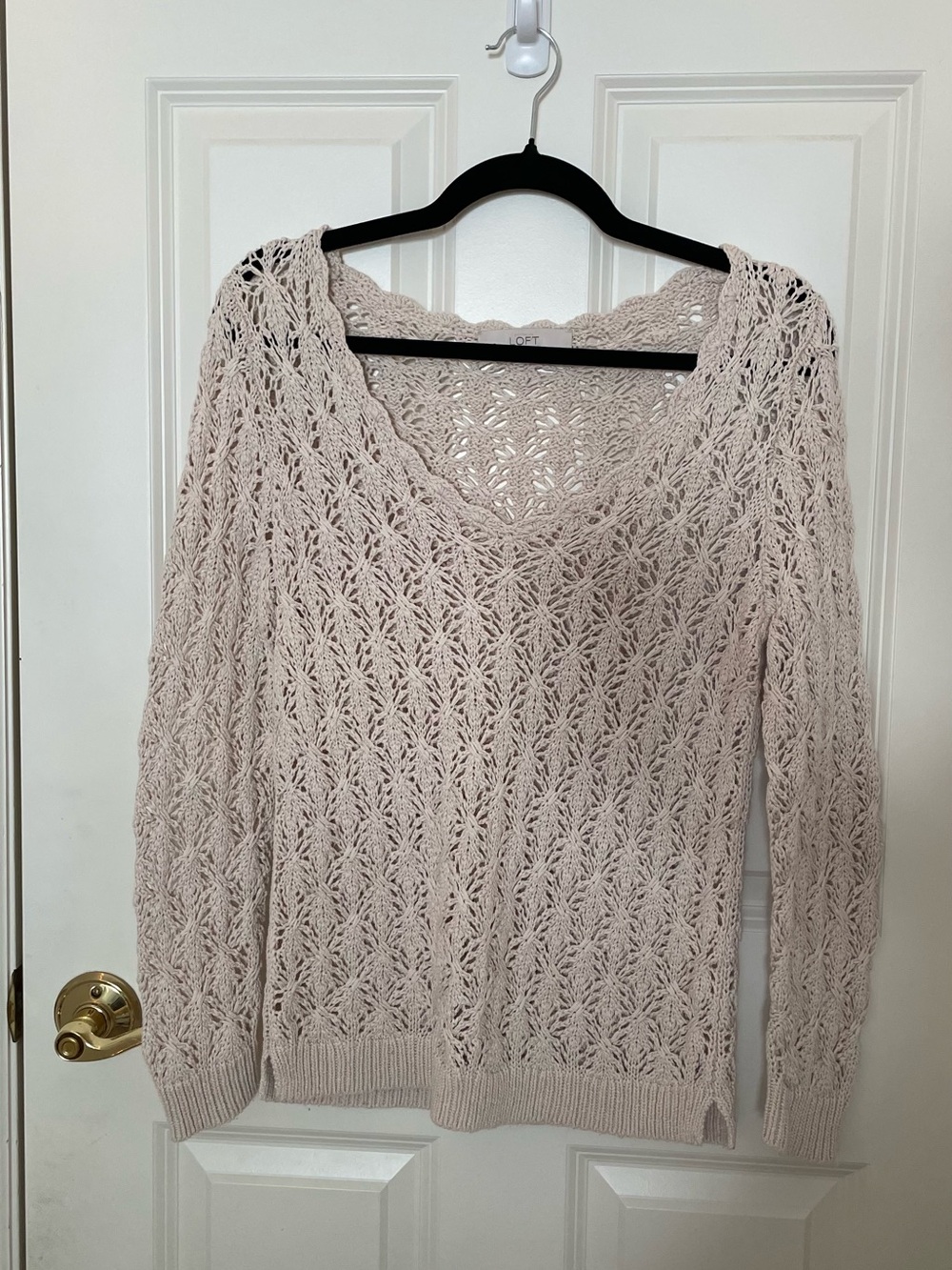LOFT Crochet Open Knit V-Neck Sweater in Light Beige